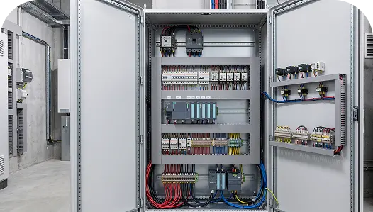 Quadro elétrico aberto com componentes de distribuição